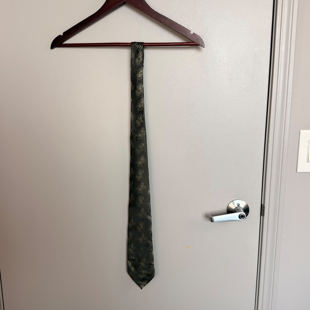 Vintage Starburst Firework Silk Tie Mens Dark Olive Green Gold Hand Made 57" - Picture 7 of 10